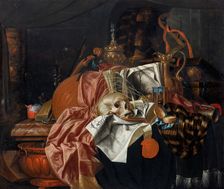 Vanitas still life with musical instruments, ceremonial vessels, books, an extinguished candle... Creator: Gijsbrechts, Franciscus (1649-after 1677)