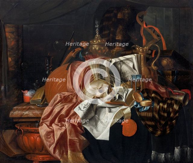 Vanitas still life with musical instruments, ceremonial vessels, books, an extinguished candle... Creator: Gijsbrechts, Franciscus (1649-after 1677).