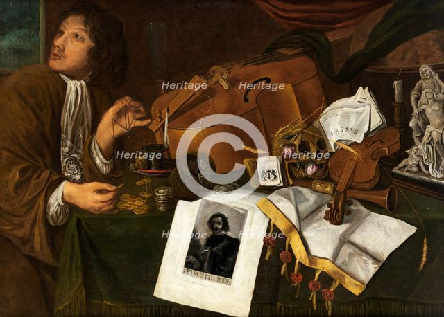 Vanitas still life with musical instruments, portrait copper engraving "Petrus de... 17th century. Creator: Jacques de Claeuw.