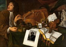Vanitas still life with musical instruments, portrait copper engraving "Petrus de... 17th century. Creator: Jacques de Claeuw