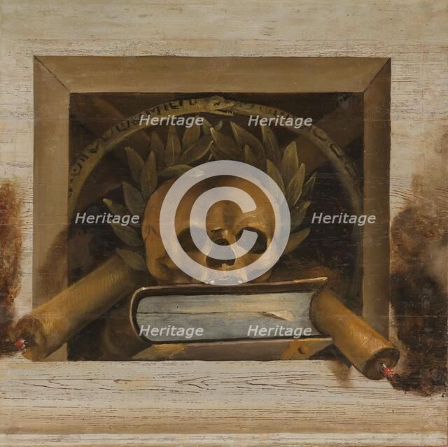 Vanitas Still Life with Scull with Laurel Wreath, Book and two Burning Candles, 1645-1650. Creator: Jacob van Campen.