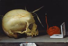 Vanitas Still Life with Skull, Wax Taper and Portable Sundial, 1620-1640. Creator: German Master