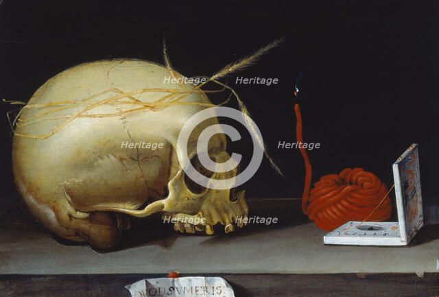 Vanitas Still Life  with Skull, Wax Taper and Portable Sundial, 1620-1640. Creator: German Master.