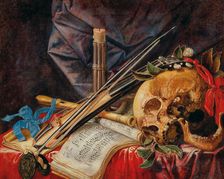 Vanitas still life with viola, clarinet, skull, scores and candle. Creator: Renard de Saint-André, Simon (1614-1677)