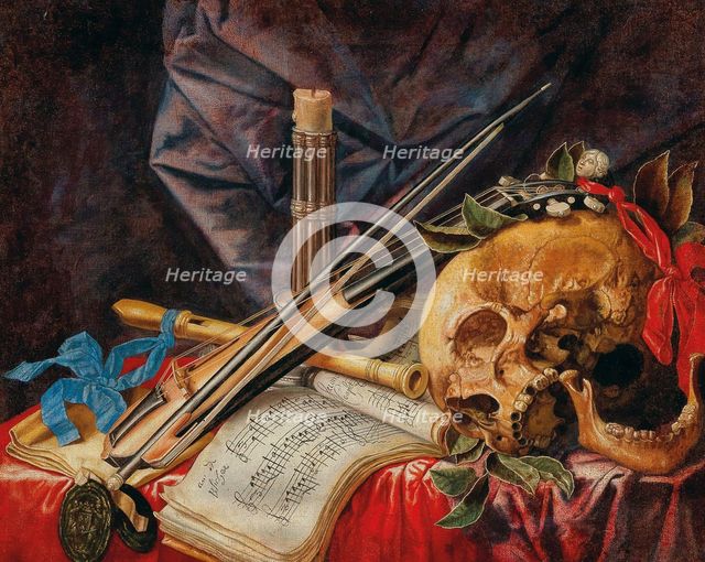 Vanitas still life with viola, clarinet, skull, scores and candle. Creator: Renard de Saint-André, Simon (1614-1677).
