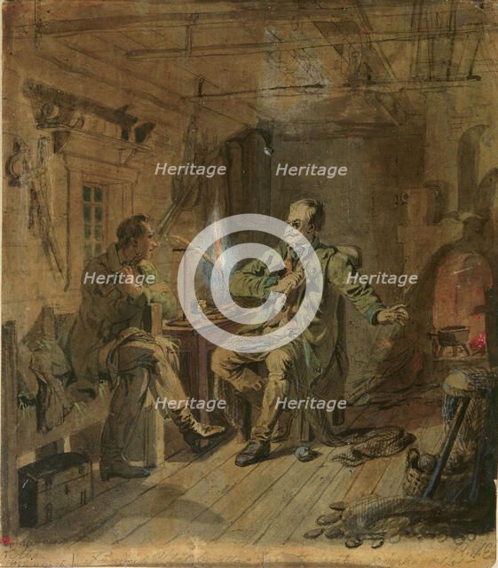 Vänrikki Stool and high school student, sketch, 1852. Creator: Robert Wilhelm Ekman.