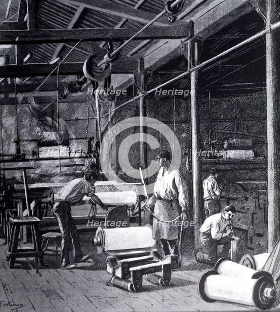 Vapor Vell' nave, steam-driven textile factory located in the suburb of Sants in Barcelona. Drawi…