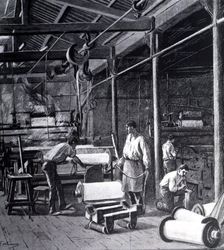 Vapor Vell nave, steam-driven textile factory located in the suburb of Sants in Barcelona. Drawi…