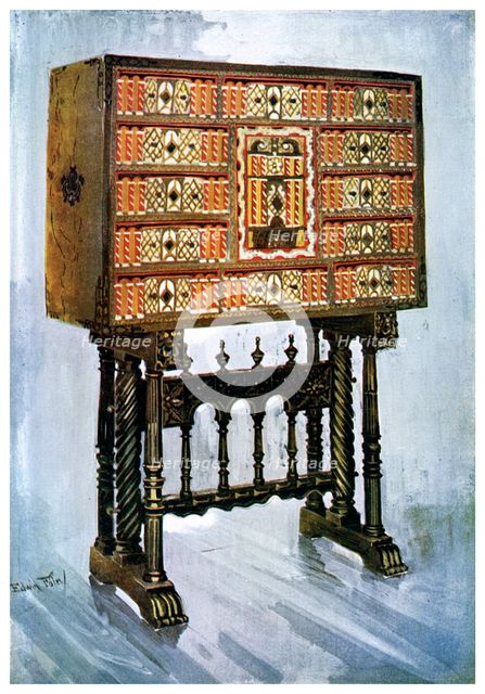 Vargueno cabinet of chestnut, ivory and other materials, 1910.Artist: Edwin Foley