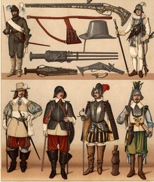 Various weapons and uniforms of French archebusier soldiers and musketeers