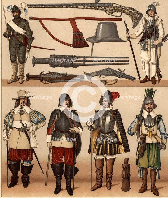 Various weapons and uniforms of French archebusier soldiers and musketeers.