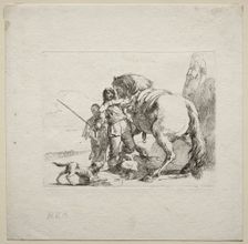 Various Caprices: The Cavalier Mounting his Horse, 1785. Creator: Giovanni Battista Tiepolo (Italian, 1696-1770)
