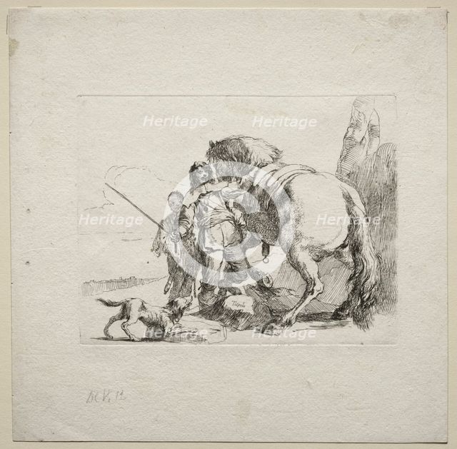 Various Caprices: The Cavalier Mounting his Horse, 1785. Creator: Giovanni Battista Tiepolo (Italian, 1696-1770).