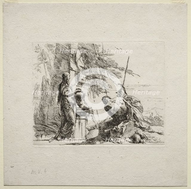 Various Caprices: The Woman Standing with Hands on a Vase, 1785. Creator: Giovanni Battista Tiepolo (Italian, 1696-1770).
