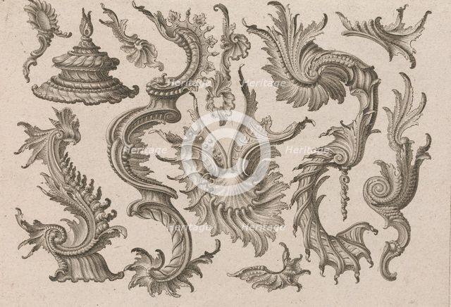 Various Designs for Rocaille Ornaments, Plate 4 from: 'Fortsezung von unter..., Printed ca. 1750-56. Creator: Jeremias Wachsmuth.