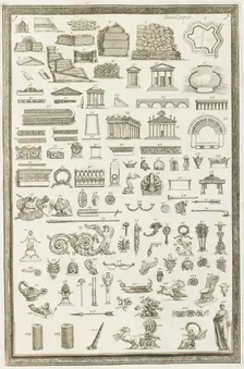Various Etruscan architectural sculptural designs and carvings, 1769. Creator: Giovanni Battista Piranesi