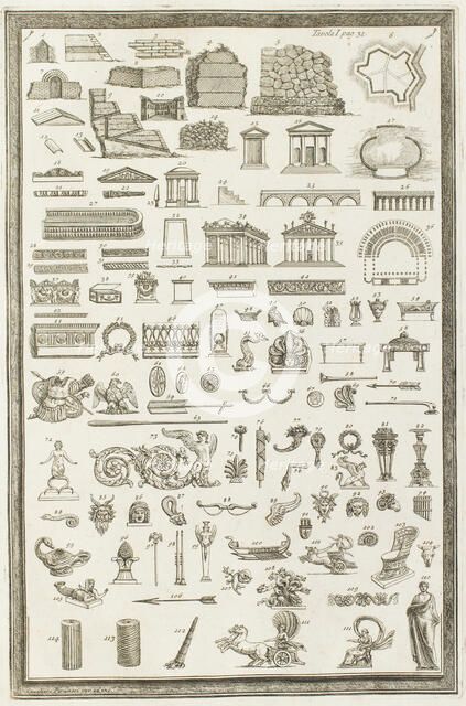 Various Etruscan architectural sculptural designs and carvings, 1769.  Creator: Giovanni Battista Piranesi.