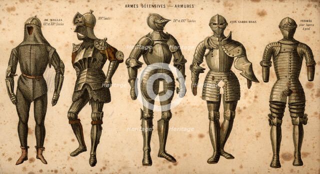 Various European armors from the 12th century coat of mail to the one of the foot infantry.