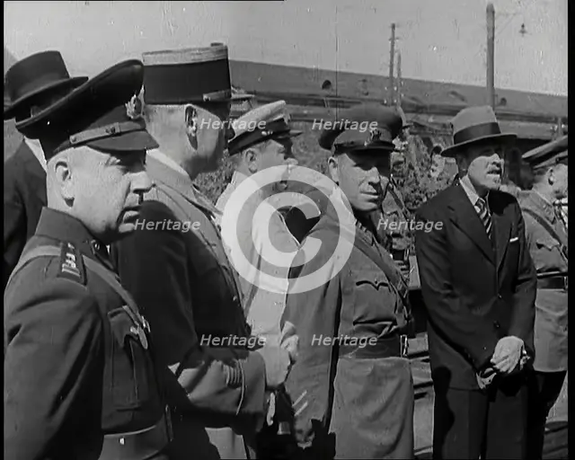 Various European Military Leaders Standing on a Railway Platform, 1939. Creator: British Pathe Ltd.