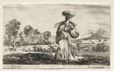 Various Figures and Landscapes: Peasant Woman Carrying a Basket on her Head, 1649. Creator: Stefano Della Bella (Italian, 1610-1664)