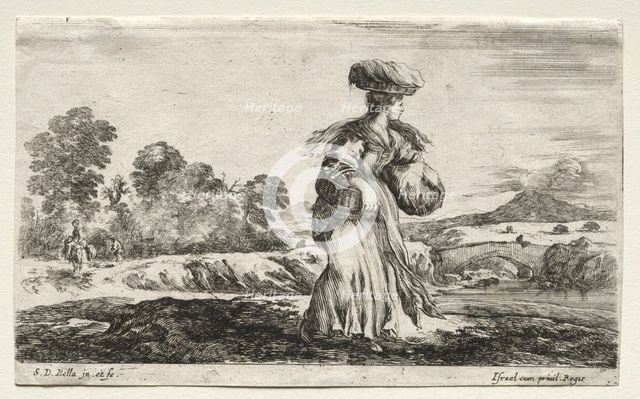 Various Figures and Landscapes: Peasant Woman Carrying a Basket on her Head, 1649. Creator: Stefano Della Bella (Italian, 1610-1664).