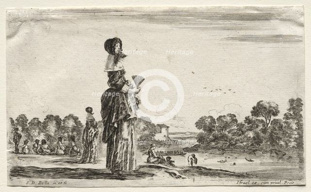 Various Figures and Landscapes: Women Watching Bathers along a River, 1649. Creator: Stefano Della Bella (Italian, 1610-1664).