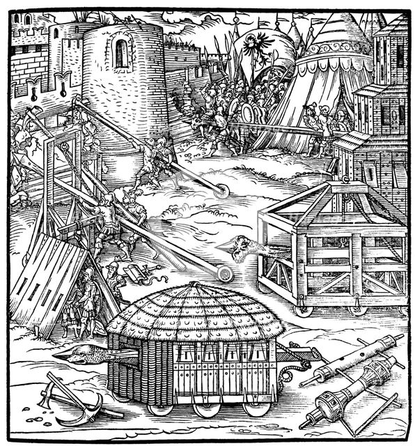 Various forms of siege equipment, including battering rams, 1547. Artist: Unknown
