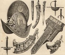 Various French weapons, helmets, knives and gun powder layers