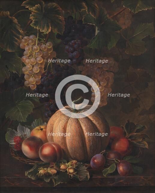 Various Fruits, including Melon and Grapes, 1852. Creator: Johan Laurentz Jensen.