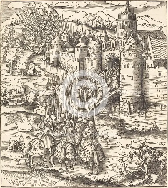 Various Men Kneeling on a Bridge in front of a Town, 1514/1516. Creator: Leonhard Beck.