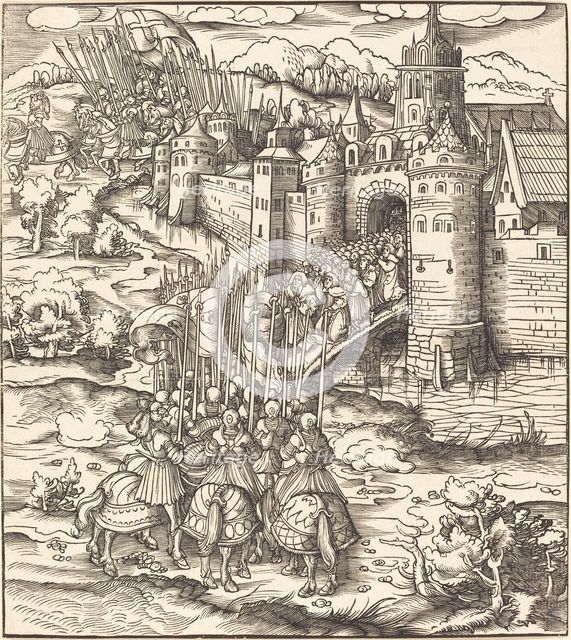 Various Men Kneeling on a Bridge in front of a Town, 1514/1516. Creator: Leonhard Beck.