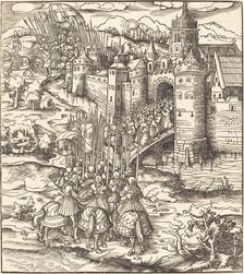 Various Men Kneeling on a Bridge in front of a Town, 1514/1516. Creator: Leonhard Beck