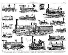 Various models of steam train engines, from different countries, engraving from 1900