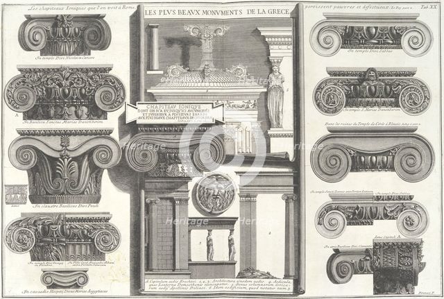 Various Roman Ionic capitals compared with Greek examples..., mid-18th century. Creator: Giovanni Battista Piranesi.
