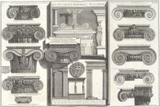 Various Roman Ionic capitals compared with Greek examples..., mid-18th century. Creator: Giovanni Battista Piranesi