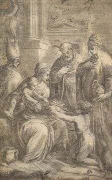 Various Saints Witnessing John the Baptist's Homage to the Infant Christ. Creator: Andrea Schiavone