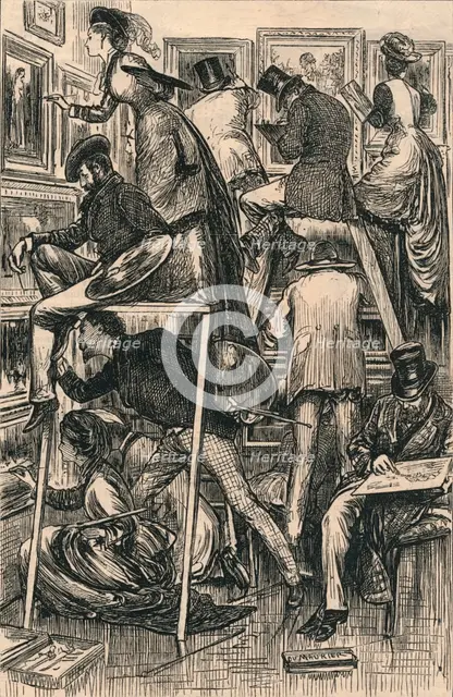 Varnishing Day at the Royal Academy, 1877. Creator: George du Maurier.