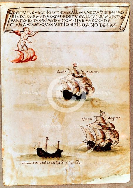 Vasco da Gama's fleet at sea, 1497. Artist: Unknown