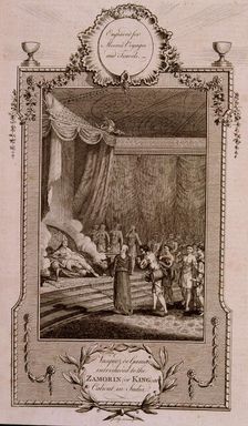 Vasco de Gama appearing before the Zamorin (or king) of Calicut, engraving in the work Voyages a…