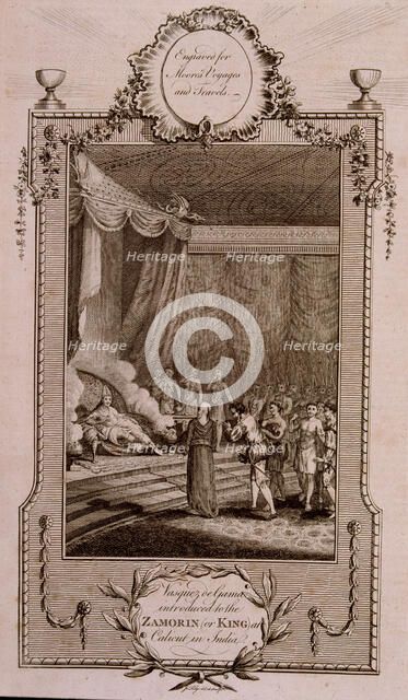 Vasco de Gama appearing before the Zamorin (or king) of Calicut, engraving in the work 'Voyages a…