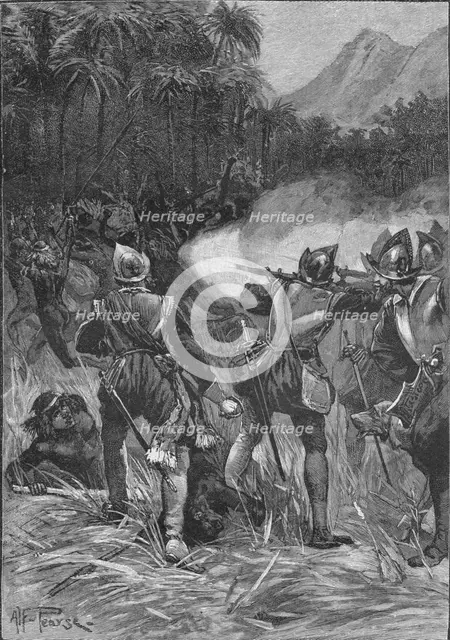  Vasco Nunez De Balboa fighting his way to the Cordilleras, c1513 (1908). Artist: Unknown.