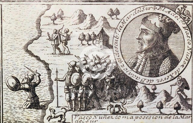  'Vasco Nunez takes possession of the South Sea', engraving from 1726, Vasco Nunez de Balboa, (14…
