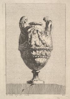 Vase with a Male Siren holding up a Garland, from: Vases, 1746. Creator: Jacques Francois Joseph Saly