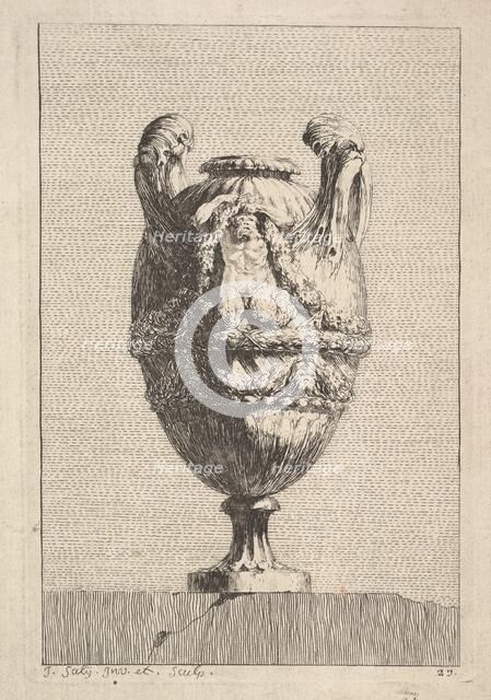 Vase with a Male Siren holding up a Garland, from: Vases, 1746. Creator: Jacques Francois Joseph Saly.