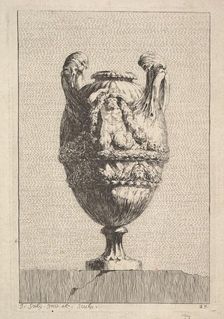 Vase with a Male Siren holding up a Garland, from: Vases, 1746. Creator: Jacques Francois Joseph Saly