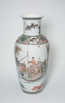 Vase with Bamboo, Auspicious Symbols, and Military and Civilian Figures..., Qing dynasty, (1662-1722 Creator: Unknown