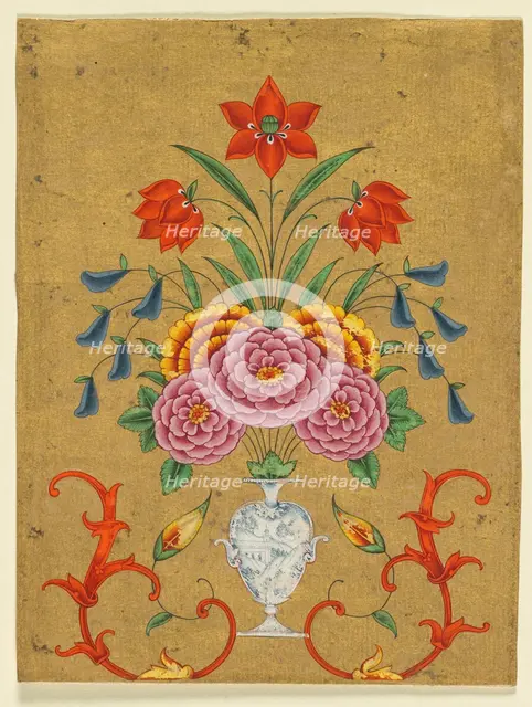 Vase with flower arrangement and scrollwork, c. 1750-1800. Creator: Unknown.
