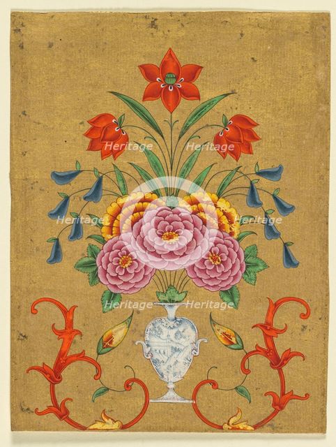 Vase with flower arrangement and scrollwork, c. 1750-1800. Creator: Unknown.
