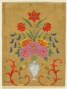 Vase with flower arrangement and scrollwork, c. 1750-1800. Creator: Unknown