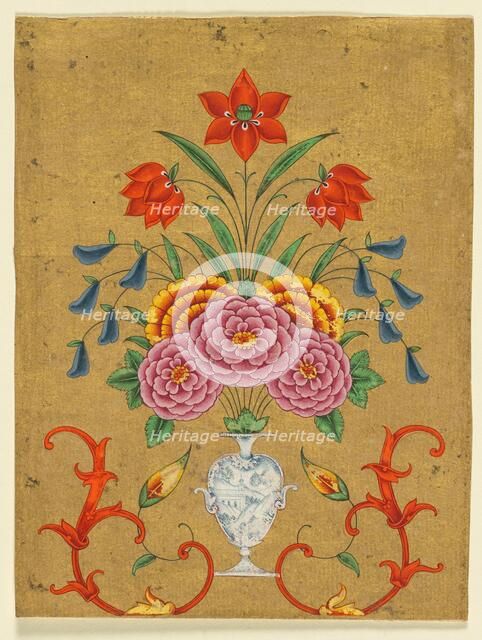 Vase with flower arrangement and scrollwork, c. 1750-1800. Creator: Unknown.